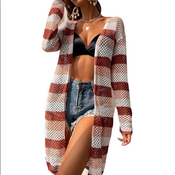 Striped Long Line Open Knit Cardigan - Picture 2 of 3